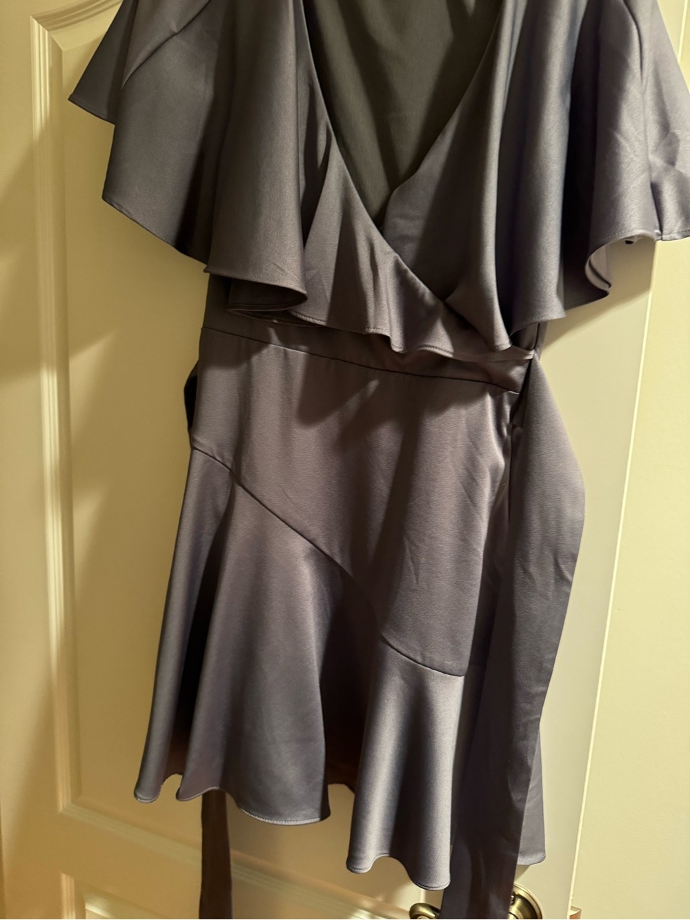 Elliatt One-Shoulder Ruffle Satin Mini Dress in Slate Gray